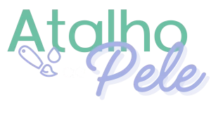 Logotipo do Atalho de Pele com as palavras "Atalho de Pele" em verde e lilás.